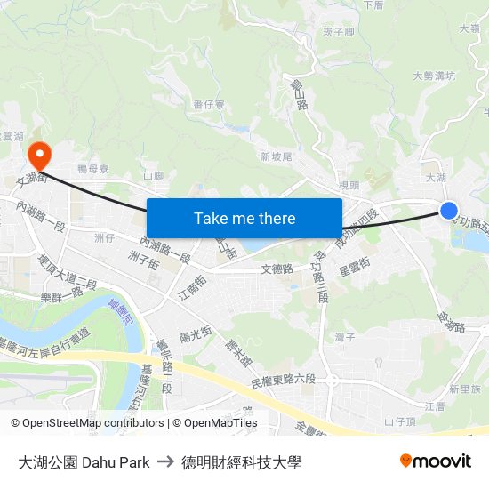 大湖公園 Dahu Park to 德明財經科技大學 map