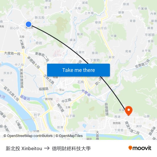 新北投 Xinbeitou to 德明財經科技大學 map