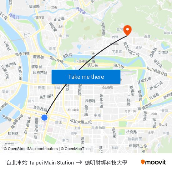 台北車站 Taipei Main Station to 德明財經科技大學 map