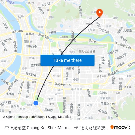中正紀念堂 Chiang Kai-Shek Memorial Hall to 德明財經科技大學 map