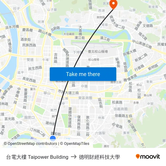 台電大樓 Taipower Building to 德明財經科技大學 map