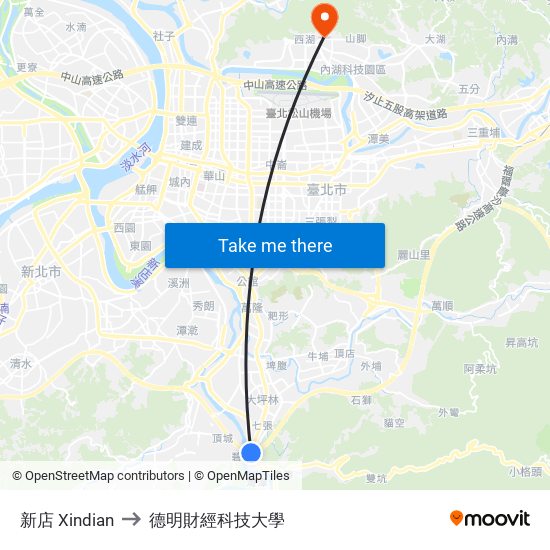 新店 Xindian to 德明財經科技大學 map