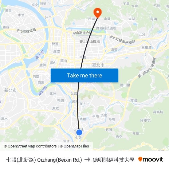 七張(北新路) Qizhang(Beixin Rd.) to 德明財經科技大學 map