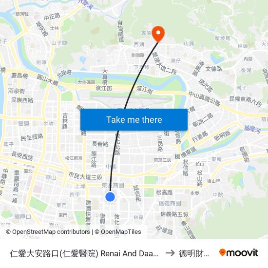 仁愛大安路口(仁愛醫院) Renai And Daan Road Intersection(Renai Hospital) to 德明財經科技大學 map