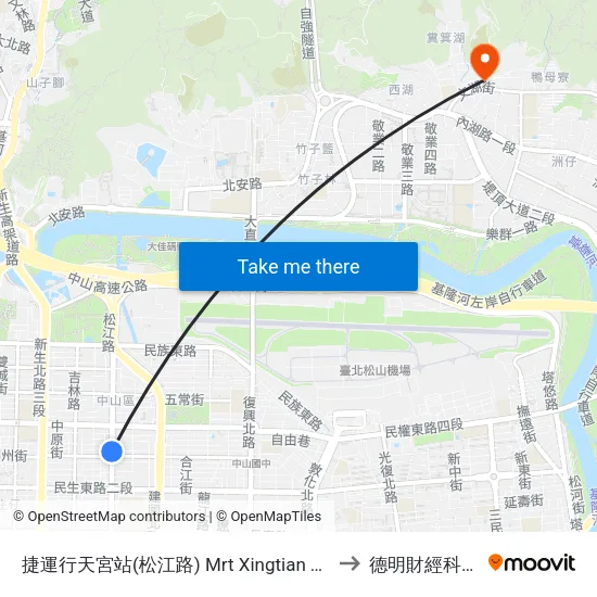捷運行天宮站(松江路) Mrt Xingtian Temple Station to 德明財經科技大學 map
