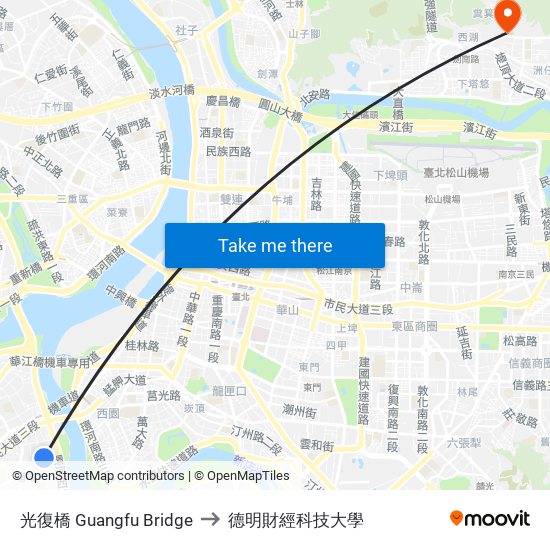 光復橋 Guangfu Bridge to 德明財經科技大學 map