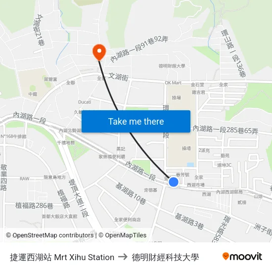 捷運西湖站 Mrt Xihu Station to 德明財經科技大學 map