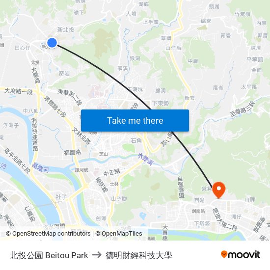 北投公園 Beitou Park to 德明財經科技大學 map