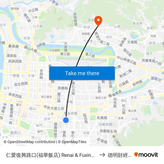 仁愛復興路口(福華飯店) Renai & Fuxing Intersection (Howard Hotel) to 德明財經科技大學 map