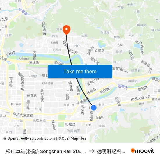 松山車站(松隆) Songshan Rail Sta. (Songlong) to 德明財經科技大學 map