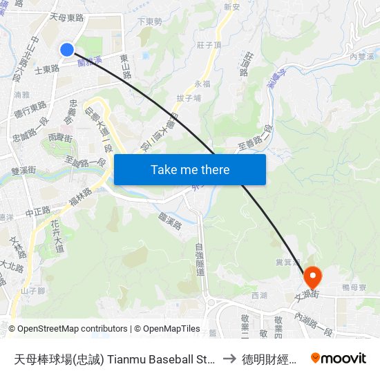 天母棒球場(忠誠) Tianmu Baseball Stadium (Zhongcheng) to 德明財經科技大學 map