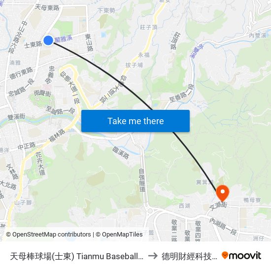 天母棒球場(士東) Tianmu Baseball Stadium to 德明財經科技大學 map