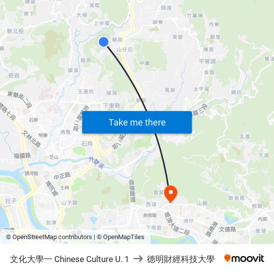 文化大學一 Chinese Culture U. 1 to 德明財經科技大學 map