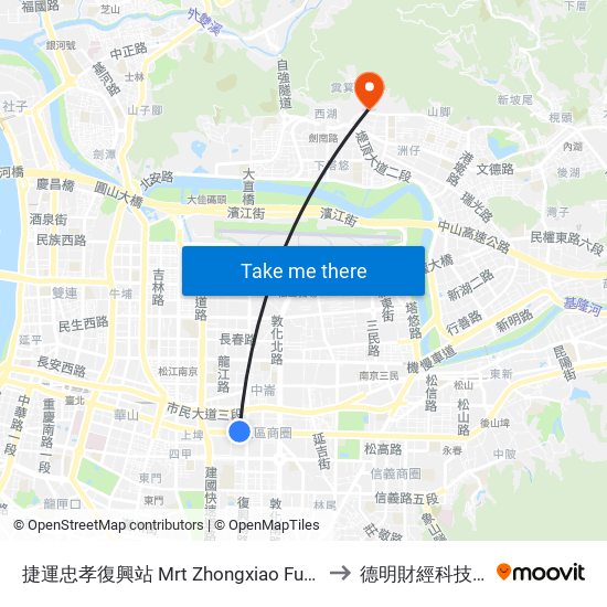 捷運忠孝復興站 Mrt Zhongxiao Fuxing Sta. to 德明財經科技大學 map