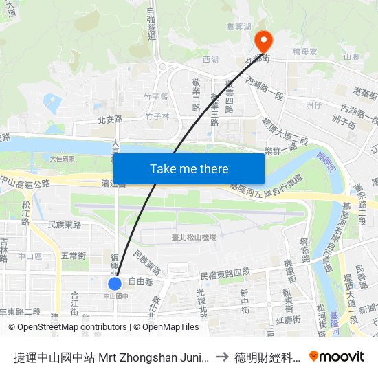 捷運中山國中站 Mrt Zhongshan Junior High School to 德明財經科技大學 map