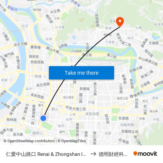 仁愛中山路口 Renai & Zhongshan Intersection to 德明財經科技大學 map