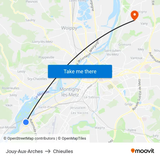 Jouy-Aux-Arches to Chieulles map
