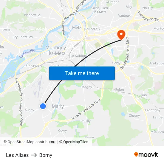 Les Alizes to Borny map