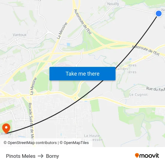 Pinots Meles to Borny map