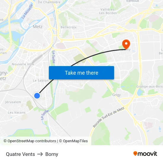 Quatre Vents to Borny map