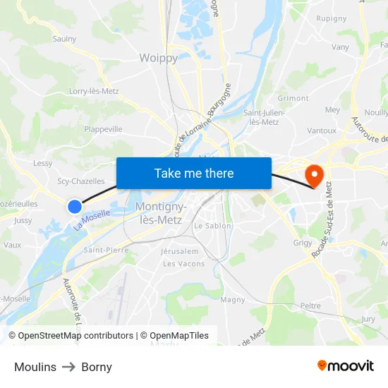 Moulins to Borny map