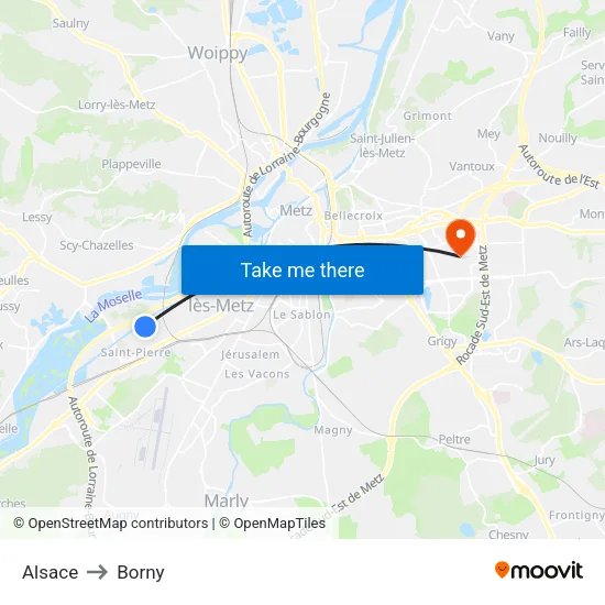 Alsace to Borny map
