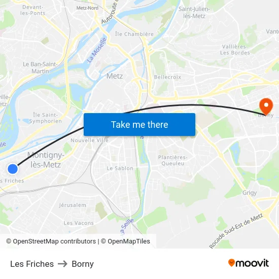Les Friches to Borny map