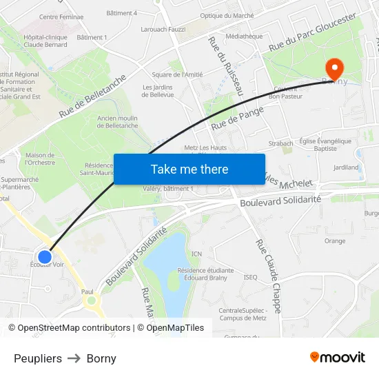 Peupliers to Borny map