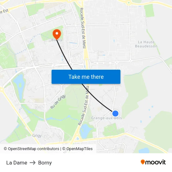 La Dame to Borny map