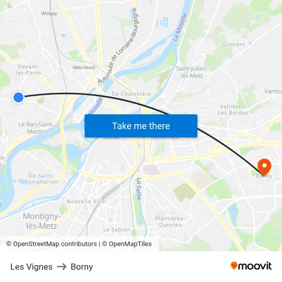 Les Vignes to Borny map