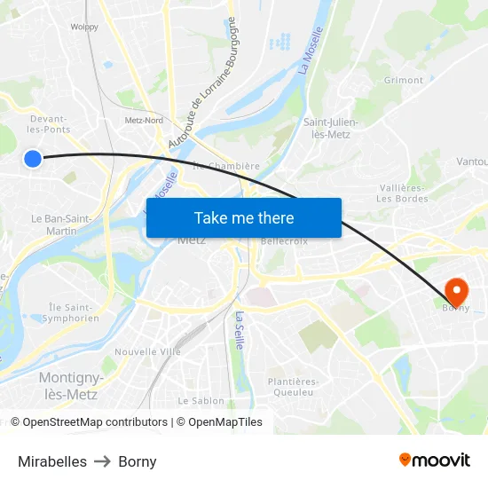 Mirabelles to Borny map