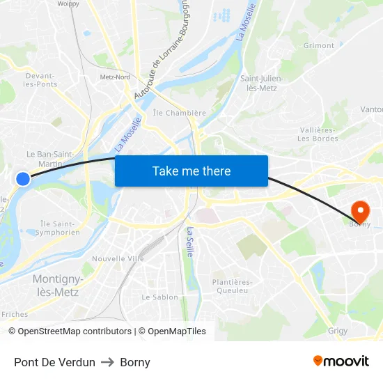 Pont De Verdun to Borny map