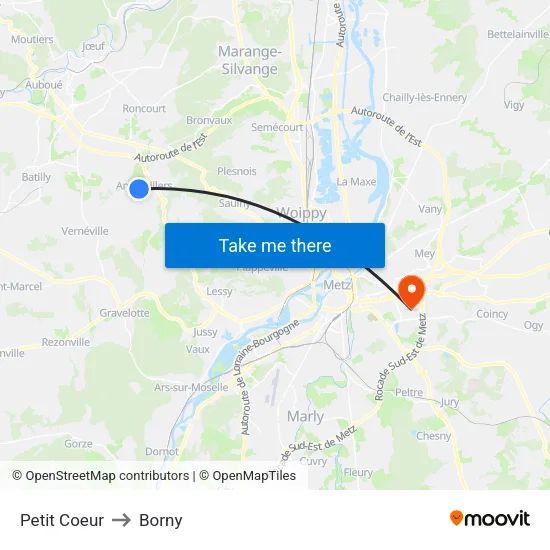 Petit Coeur to Borny map