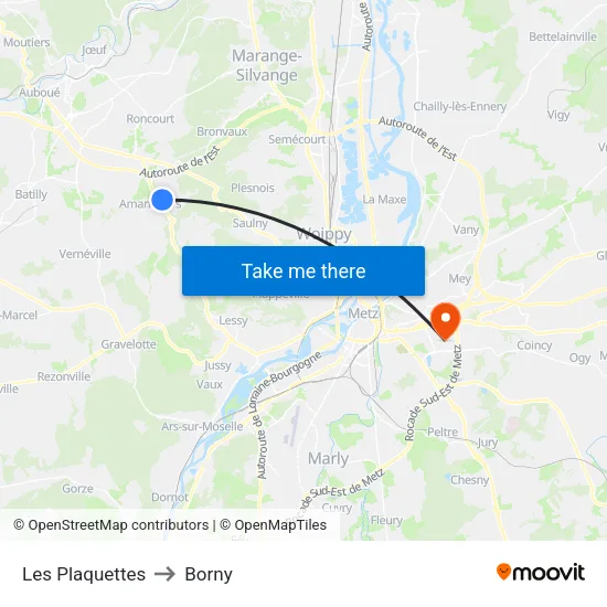 Les Plaquettes to Borny map