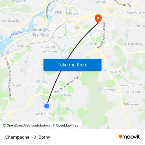 Champagne to Borny map