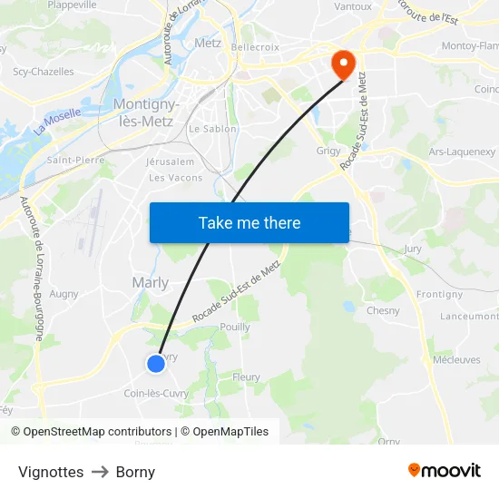 Vignottes to Borny map