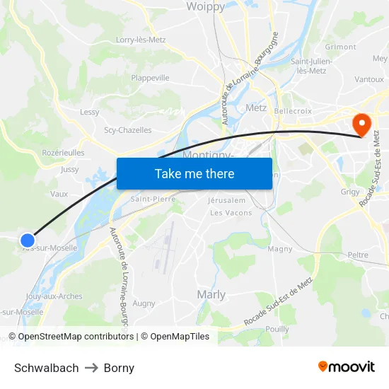 Schwalbach to Borny map