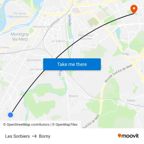 Les Sorbiers to Borny map