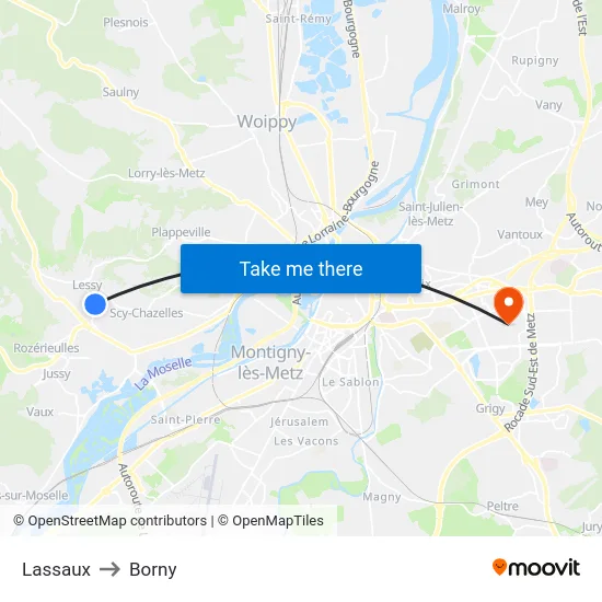 Lassaux to Borny map