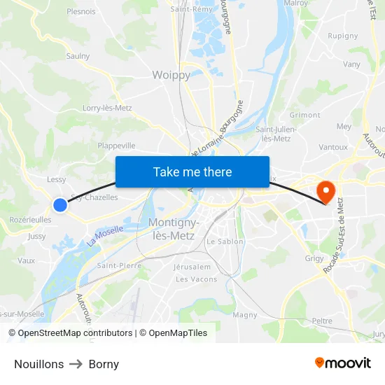 Nouillons to Borny map