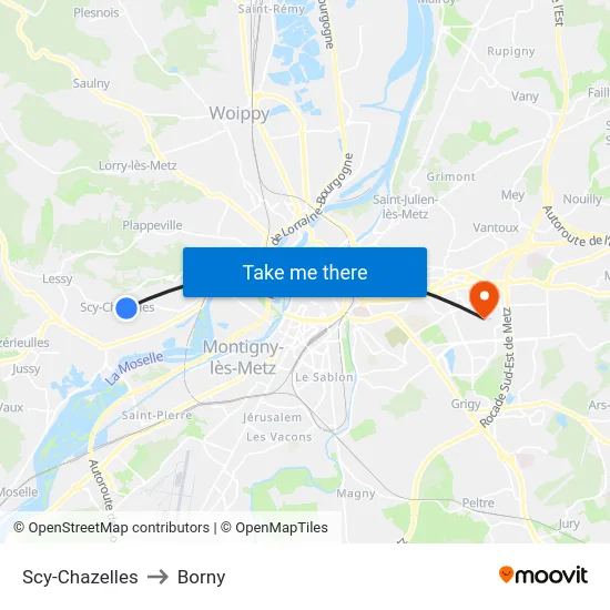 Scy-Chazelles to Borny map