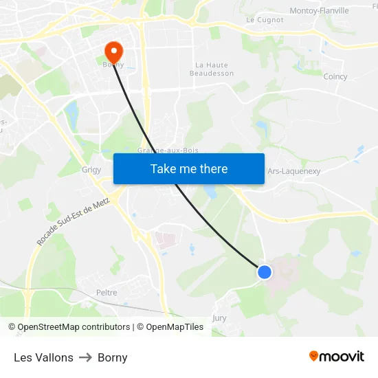 Les Vallons to Borny map