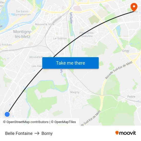 Belle Fontaine to Borny map