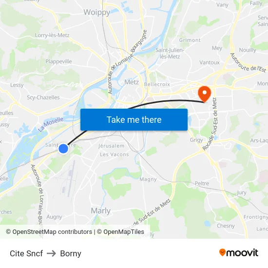 Cite Sncf to Borny map