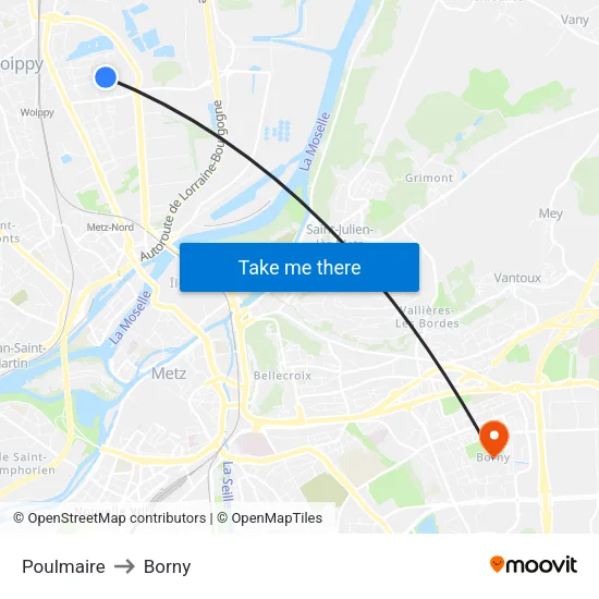 Poulmaire to Borny map