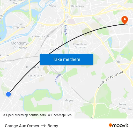 Grange Aux Ormes to Borny map