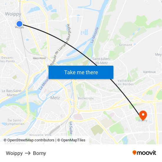 Woippy to Borny map