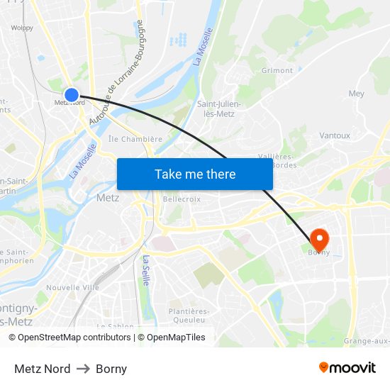 Metz Nord to Borny map