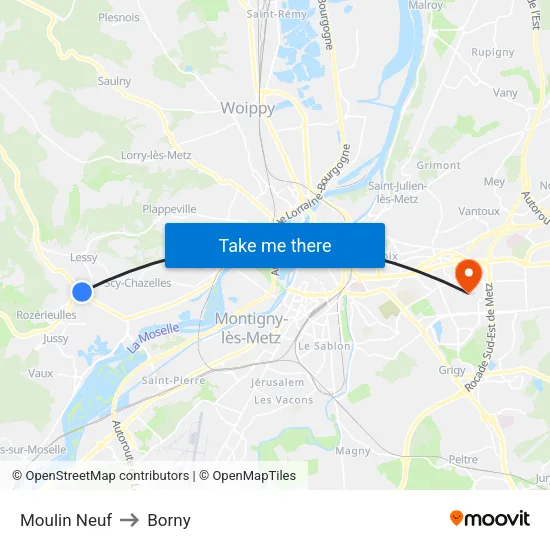 Moulin Neuf to Borny map