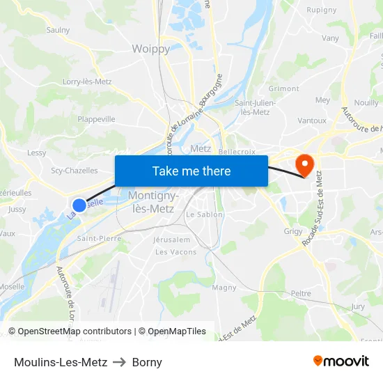 Moulins-Les-Metz to Borny map